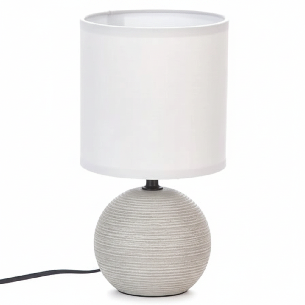 Lampada da Tavolo Sfera Striata Timeo, Base Arenaria Texture Rigata, Paralume Cotone, H24,5cm, Attacco E14 — Finitura Striata