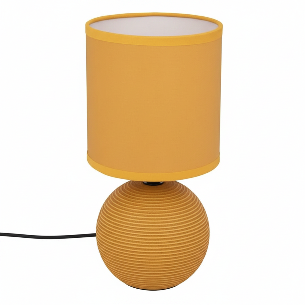 Lampada da Tavolo Sfera Striata Timeo, Base Arenaria Texture Rigata, Paralume Cotone, H24,5cm, Attacco E14 — Finitura Striata