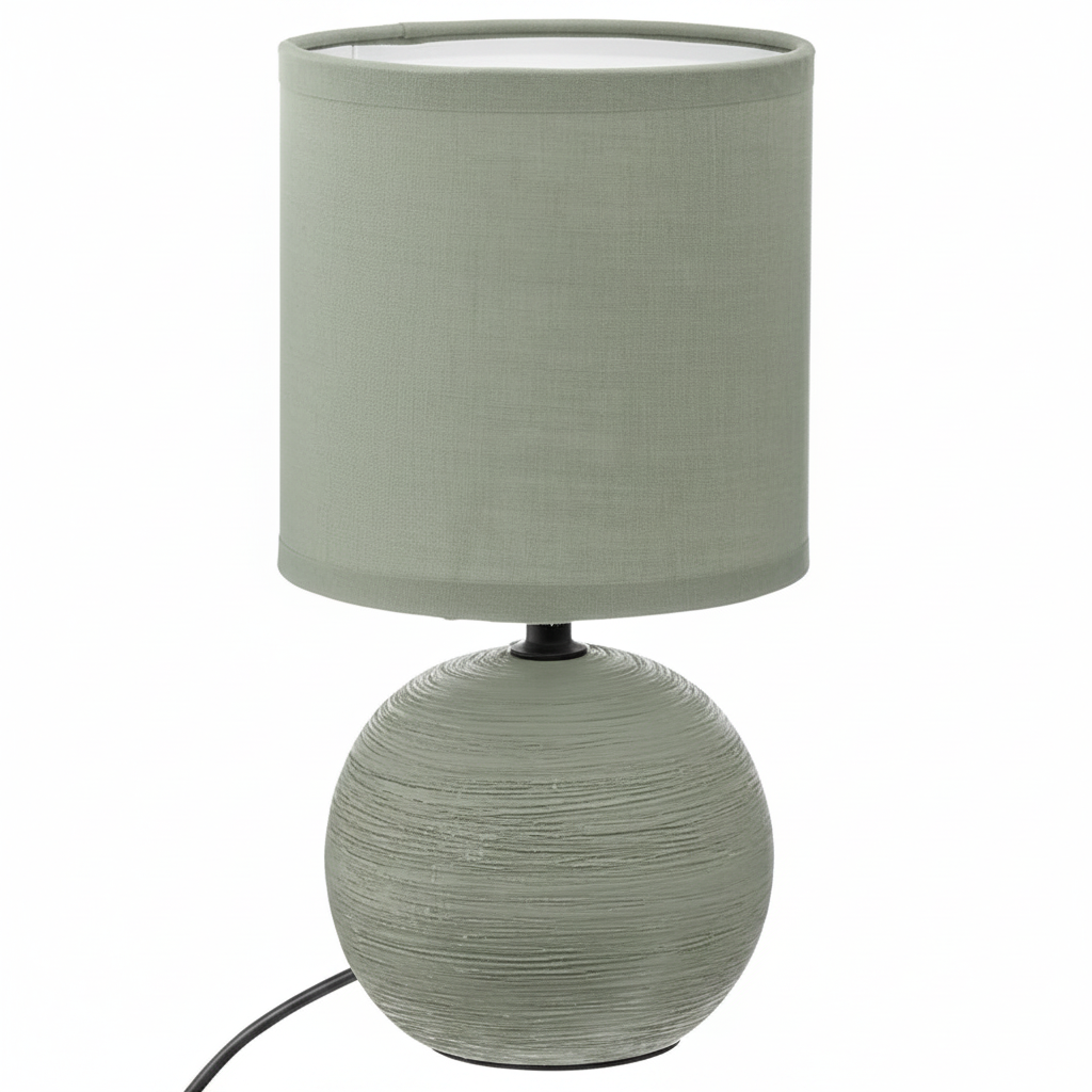 Lampada da Tavolo Sfera Striata Timeo, Base Arenaria Texture Rigata, Paralume Cotone, H24,5cm, Attacco E14 — Finitura Striata