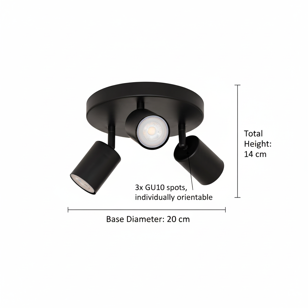 Plafoniera a 3 Spot Orientabili Vico in Acciaio Nero, Ø20cm H14cm, Attacco GU10, Soffitto e Parete